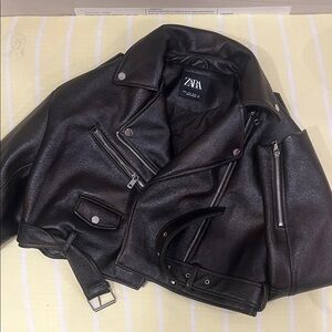 ZARA Black Faux Leather Biker Jacket with Silver Hardware